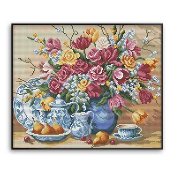 

49 x 42cm 11CT 3 Strands Printing Cross Stitch Kit DIY Decorative Cross-stitch Embroidery Kit (without Frame) - Fruit Bowl Vase