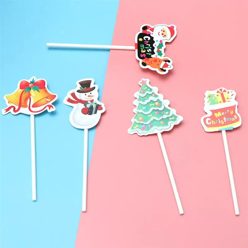 5pcs Christmas Cupcake Toppers Cake Toppers Food Fruit Picks Santa Xmas Tree Sleigh Sticks For Party Cake Decorating