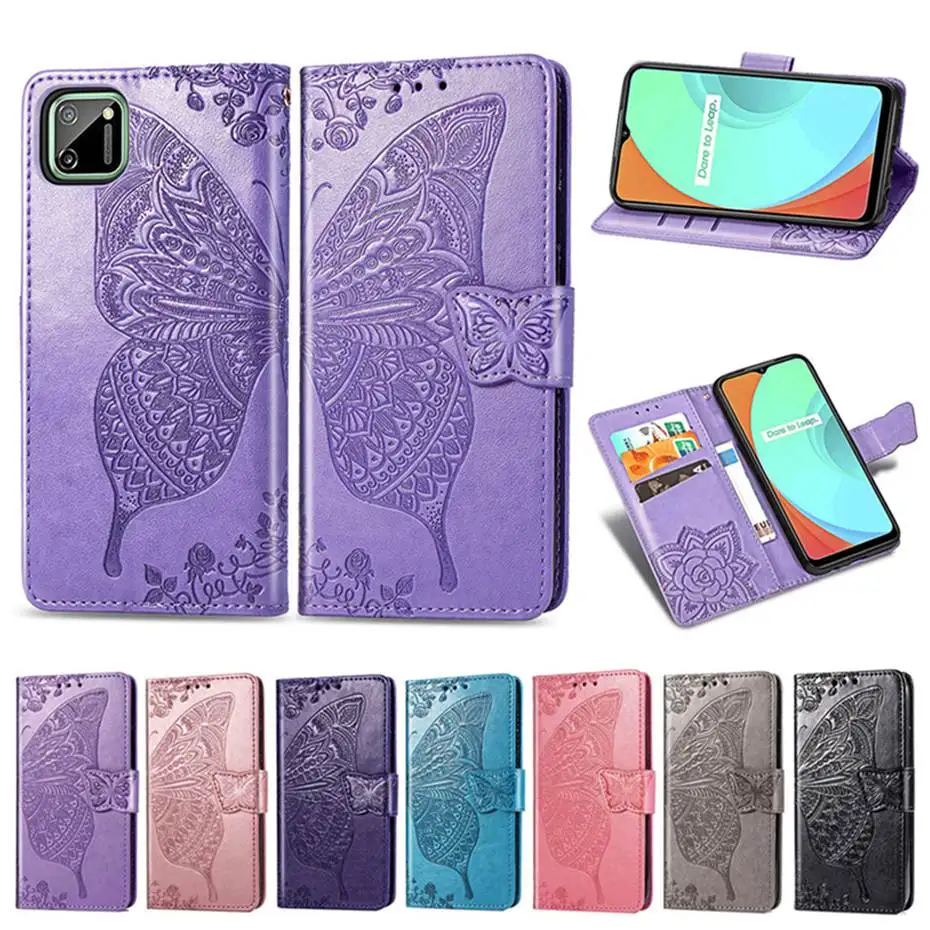 Realme-Funda de cuero C11 con diseño de mariposa en 3D, carcasa con tapa para OPPO Realme C12, con billetera, para OPPO Realme C15