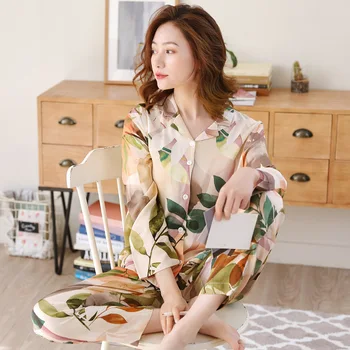 

Spring and Summer Ladies Pajamas Set Cotton Fabric Long-sleeved Home Clothes Thin Section Multi Colors Pyjamas Women Sleepwear