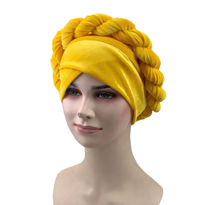 yellow Новая бархатная мусульманская шляпа для женщин в виде скрученной косы тюрбан кепки шляпы для химиотерапии банданы женские головные уборы аксессуары для волос платок - Цвет: yellow