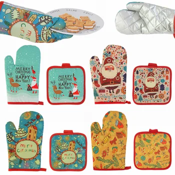 

2pcs/set Christmas Kitchen Anti-Hot Gloves Pad Oven Microwave Insulation Mat Merry Christmas Party Home Dining Baking Supplies