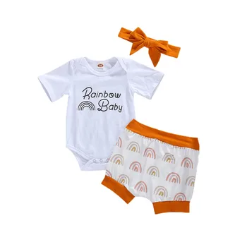 

Summer Baby Clothes Set Newborn Baby Boy Girl Cotton Short Sleeve Letter Tops Romper+Rainbow Print Shorts+Headband 0-24M