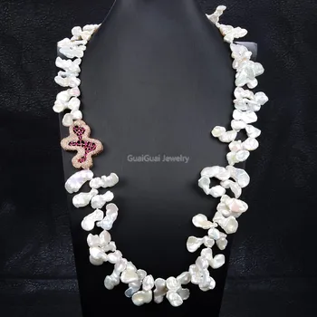 

GuaiGuai Jewelry 30" White Keshi Baroque Pearl Necklace CZ Pave Rose Gold Plated Connector