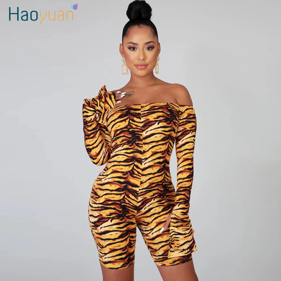 

HAOYUAN Tiger Print Sexy Rompers Womens Jumpsuit Shorts Off Shoulder Long Sleeve Sexy Club Outfit One Peice Bodycon Playsuit