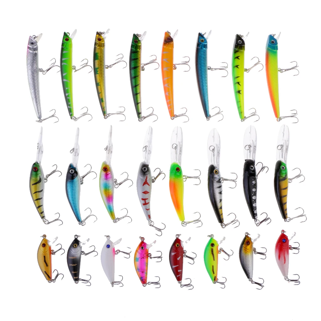 24pcs Fishing Lures Large Hard Bait Minnow with Treble Hook Life-like Swimbait Fishing Bait 3D Fishing Eyes Popper Crankbait
