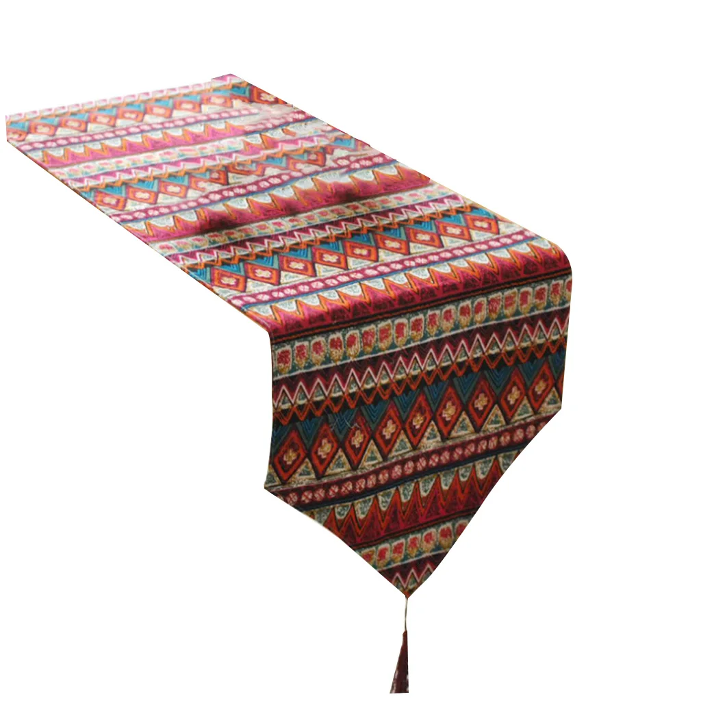 Southeast Asia Style Mixed Geometric Stripes Table Runner Flag Bohemian Cotton Washable Tablecloth with Tassels Dresser Scarf