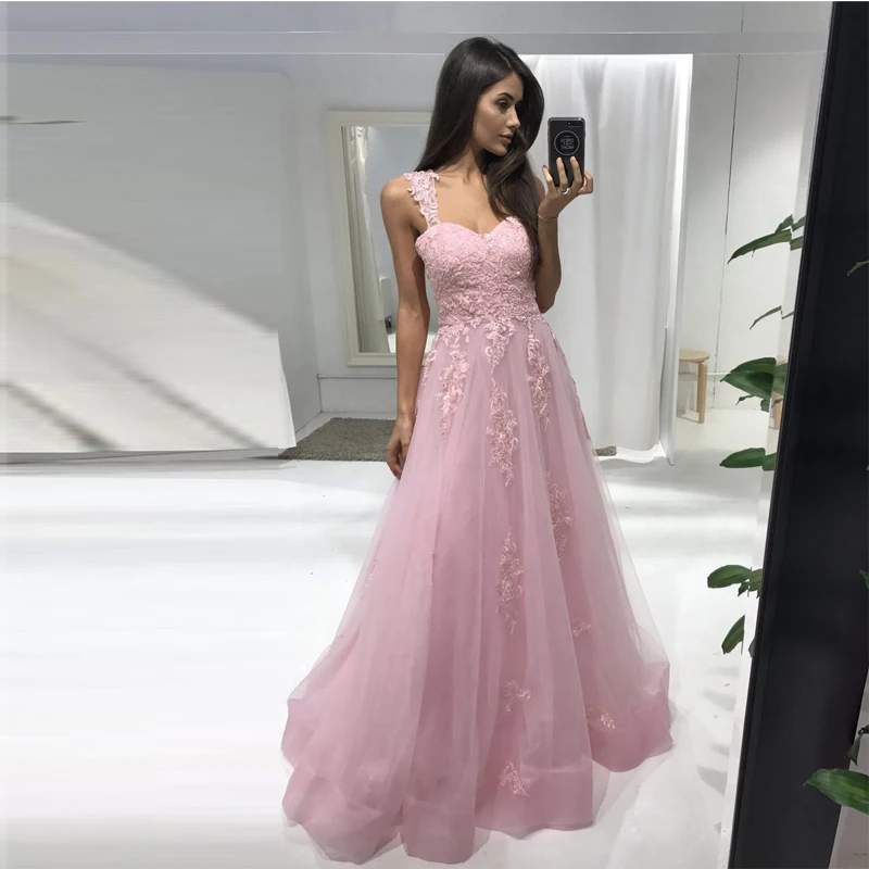Prom Long Elegant Dresses Sweetheart Sleeveless A-line Tulle Teal Prom Dresses Pink Applique Sexy Vestido Formatura
