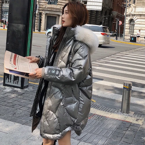 Куртка-пуховик с воротником из лисьего меха, зимнее пальто, женская шапка Harajuku, неравномерная гладкая ткань, Корейская уличная Базовая куртка - Цвет: Silver