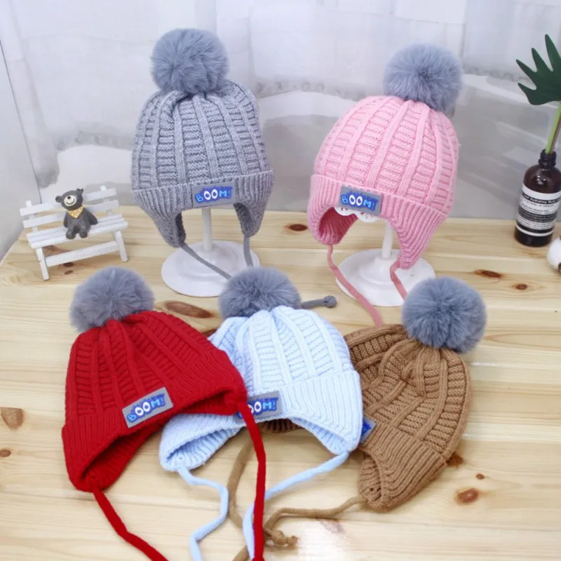 Autumn Winter Baby Boy Girl Hat with Pom Pom Cartoon Lace-up Children Kids Baby Bonnet Knitt Cap for 1-3 Years 5 Colors