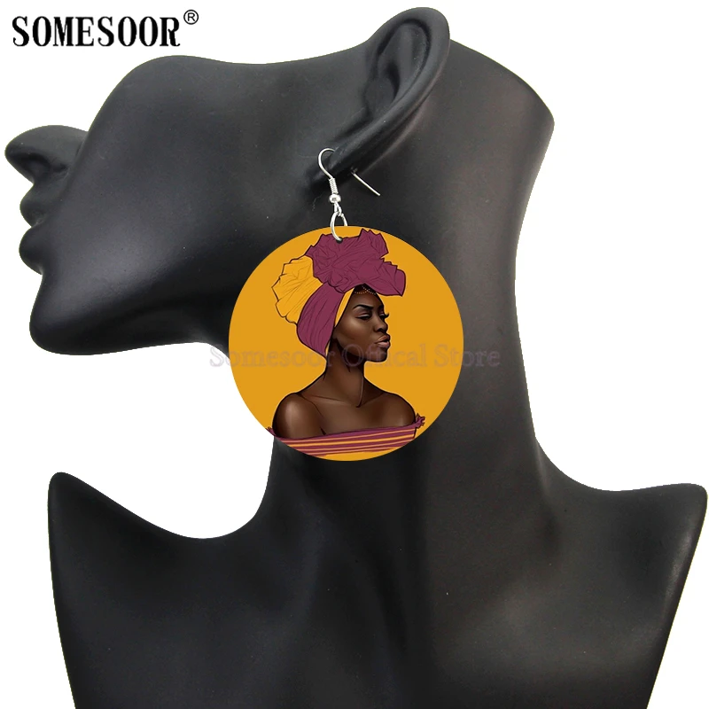 SOMESOOR Beauty Of African Art Paints Wooden Drop Earrings Afro Ethnic Headwrap Black Woman Designs Wood Dangle Jewelry Gifts