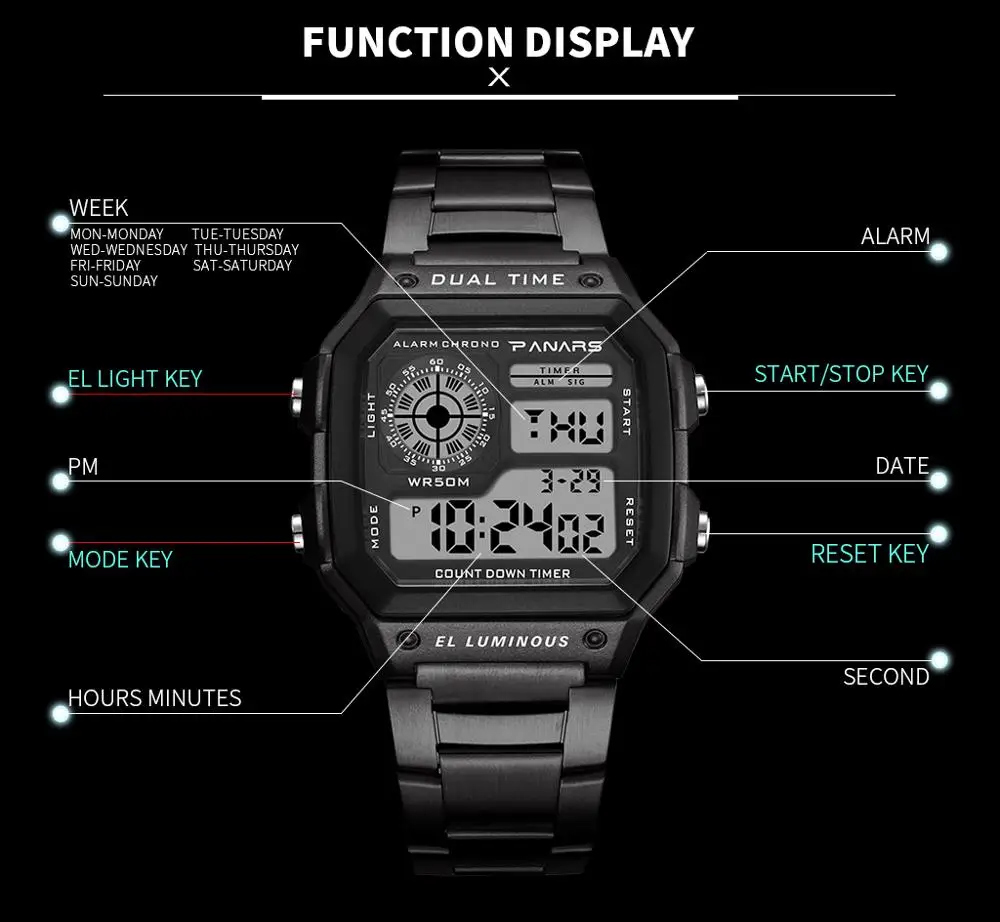 PANARS спортивные цифровые часы для мужчин часы хронограф водонепроницаемый ремешок из нержавеющей стали наручные часы для мужчин s мужские часы Relogio Masculino