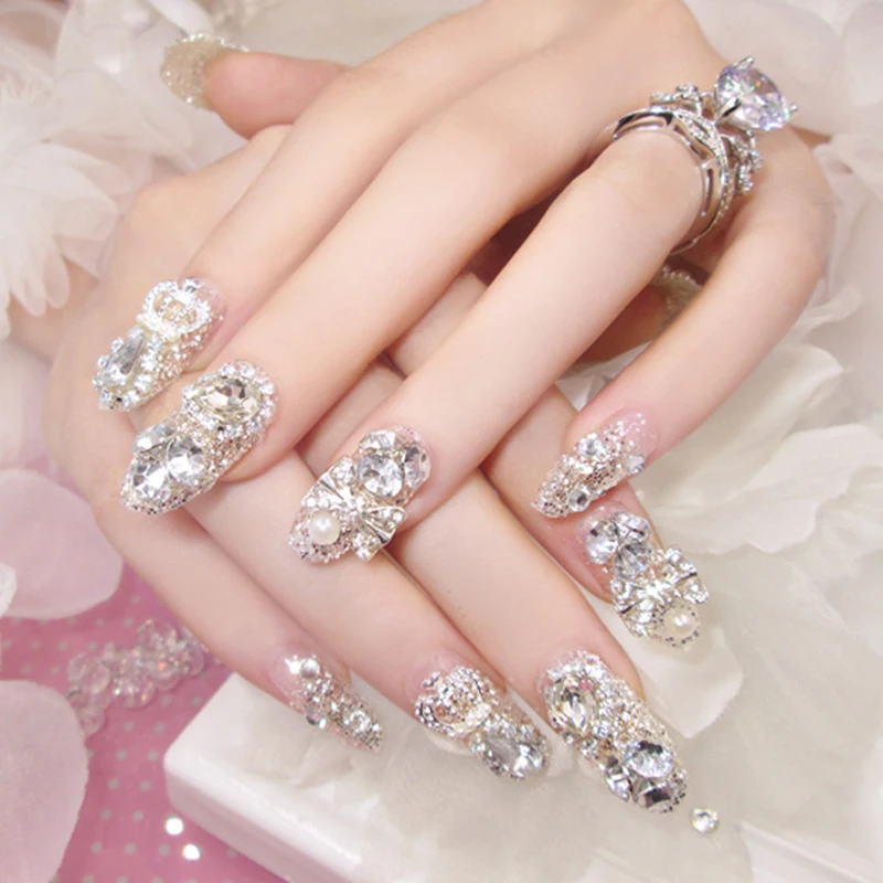 24 шт, 3D Стразы, свадебные накладные ногти, полное покрытие, для невесты, для красоты, для ногтей, советы с клеем, яркие блестящие цвета, накладные ногти с клеем