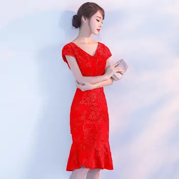 

Robe De Soiree 2020 New The Short Mermaid Evening Dresses Fashion V-neck Appliques Party Prom Gown Women Slim Dress