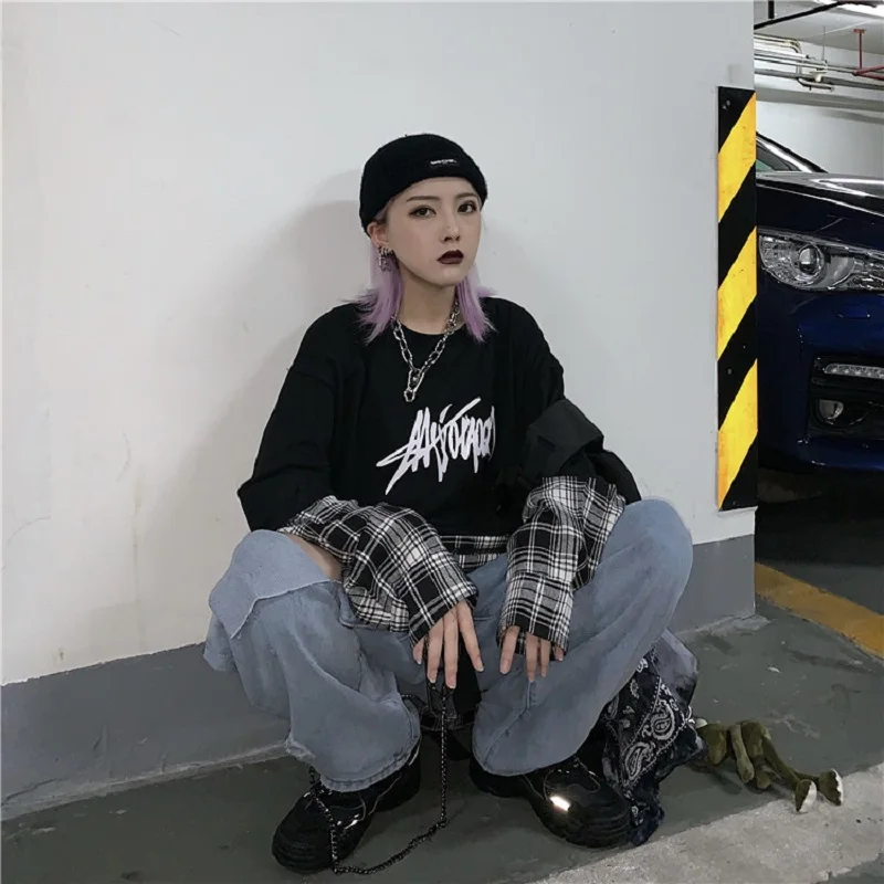 Ulzzang Корейский поддельные два bf ins Harajuku унисекс уличная Ретро темные буквы свободные с длинным рукавом клетчатые повседневные женские толстовки