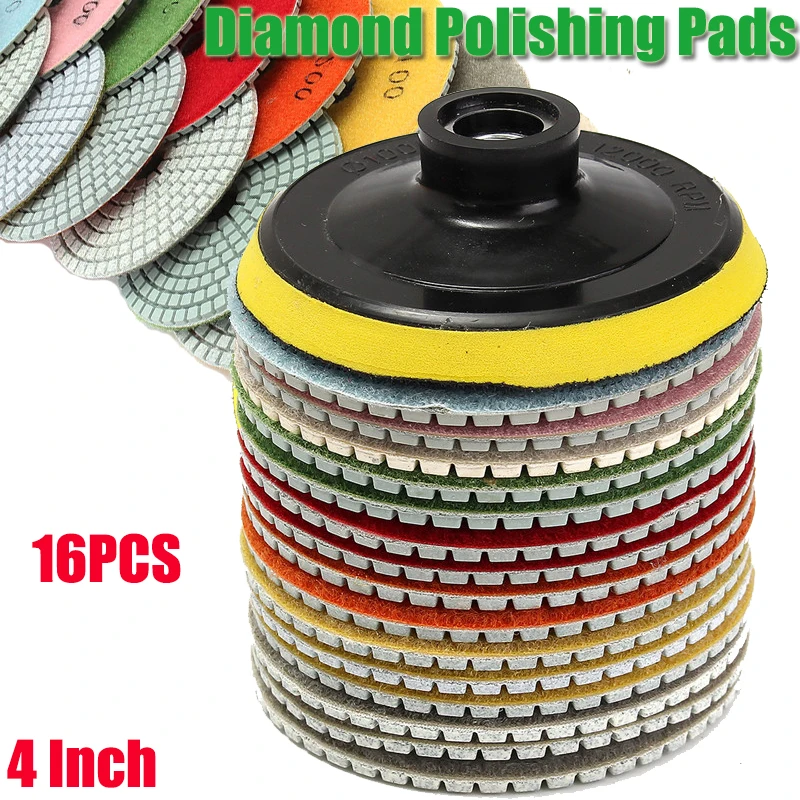 16Pcs Diamond Polishing Pads Kit 4 Inch M14 For Granite Stone Concrete Marble