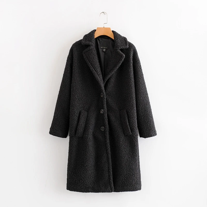 Tangada Elegant Winter Women black teddy Long Coat Jacket pocket buttons long sleeve Casual solid Overcoat HY187 - Цвет: Черный