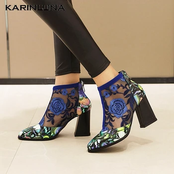 

KarinLuna 2020 Dropship Large Size 43 Flock Women Boots Square Heels Round Toe Zip Floral Pumps Summer Women Shoes