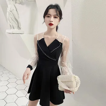 

New Black Patchwork Formal Prom Gown Lentern Sleeve Bling Beads Chinese Dress Sexy Mini Cheongsam Elegant Lace Vestidos