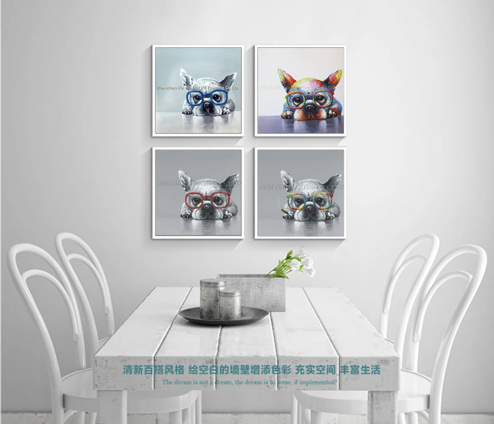 Preise Hand Painted Blue Gläser Hund Öl Bild Abstrakte Tier Ölgemälde auf Leinwand für Lving Zimmer Wand Dekor Grau Bulldog malerei