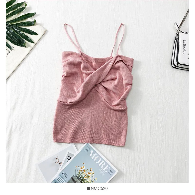 PINK HELIAR Женский трикотажный плиссированный камзол, Одноцветный спагетти камзол, женские безрукавки, летние женские шикарные топы, женский жилет - Цвет: PINK