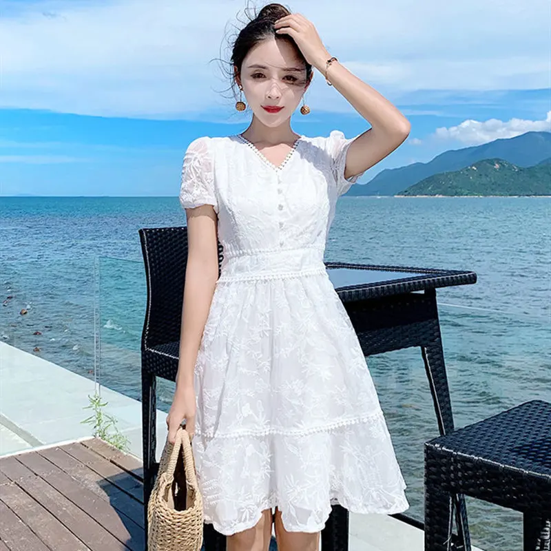 Summer Rabbit Fur Women's Dress V-Neck Short Sleeve Pullover White Solid Lace Hollow Out Korean Style Fashion Casual | Женская