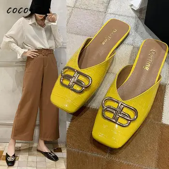 

Metal Buckle Square Head Soft Bottom Sandals Female 2020 Spring New Fashion Outer Wear Baotou Lazy Half Slippers