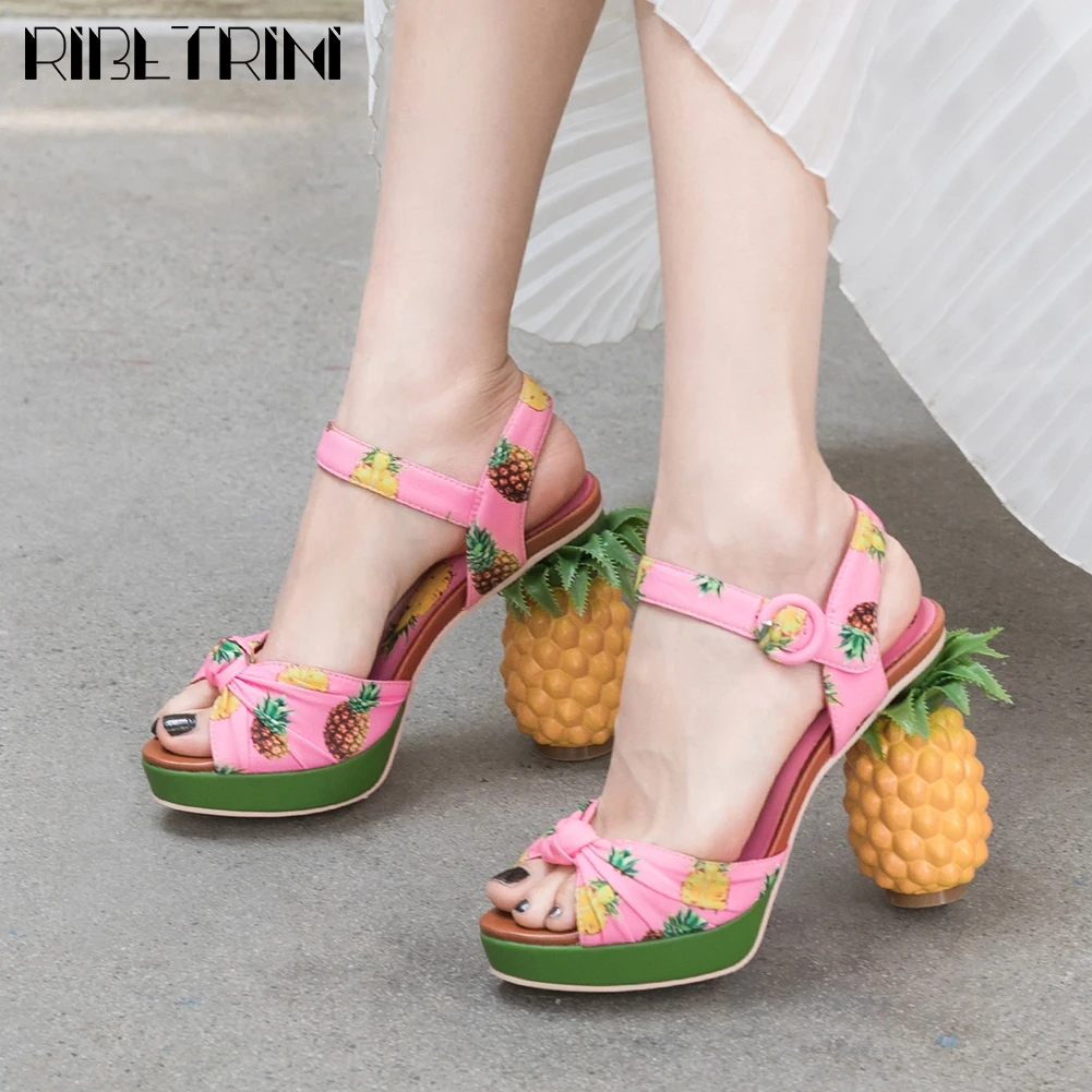 RIBETRINI Unique High Strange Heels Shoes Woman Classic Brand Print Ankle Strap Sandals Women Party Date Platform | Обувь