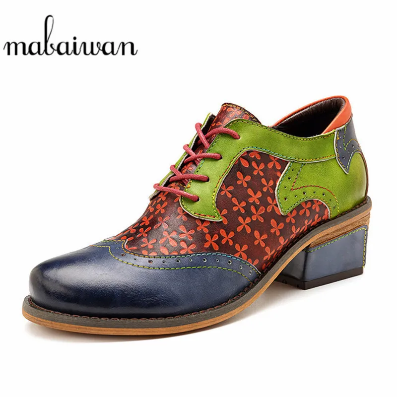 

Mabaiwan Fashion Brogue Women Shoes Lady Lace Up Party Oxford Shoes Women Genuine Leather Square Heel Casual Sneakers Size 36-42