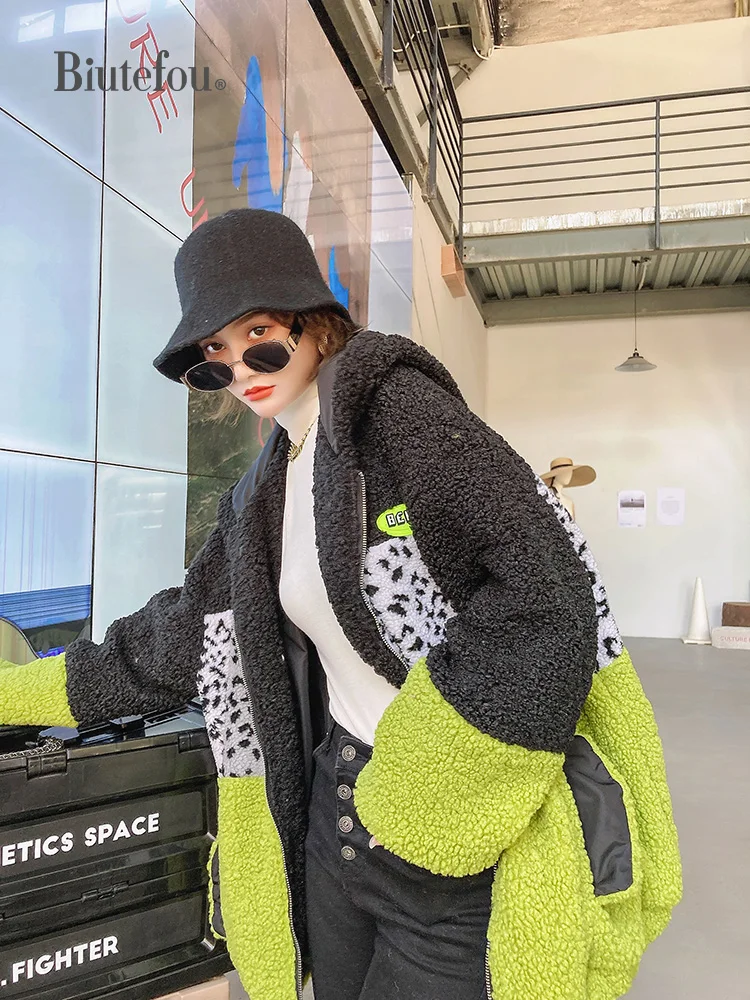 

2020 Winter Women Long Loose Patchwork Wool Hooded Coats