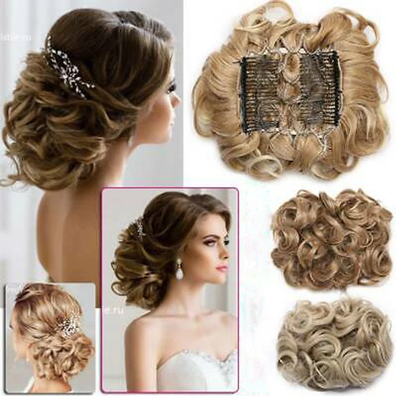 Кудрявые шиньон Updo волосы бант два гребня пластиковые клипсы шиньоны