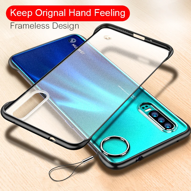 

Ultra Thin Frameless Matte Case on For Huawei P30 P20 Mate 20 lite Pro Transparent back Cover for honor 20 pro Case With Lanyard