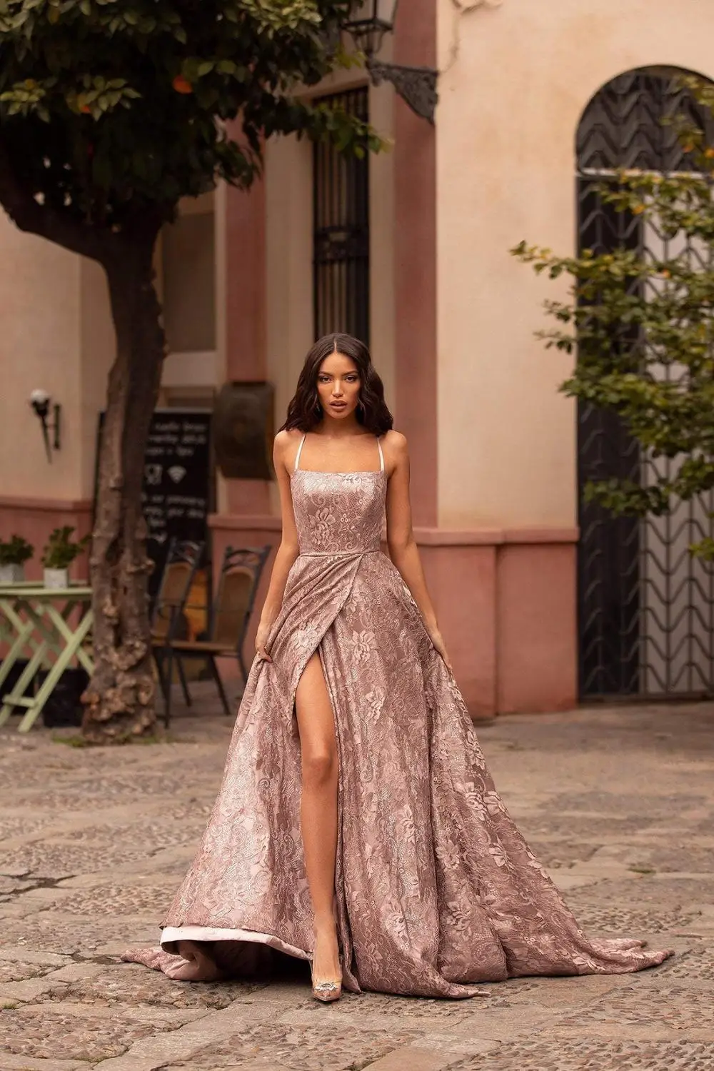 spaghetti strap backless prom dress