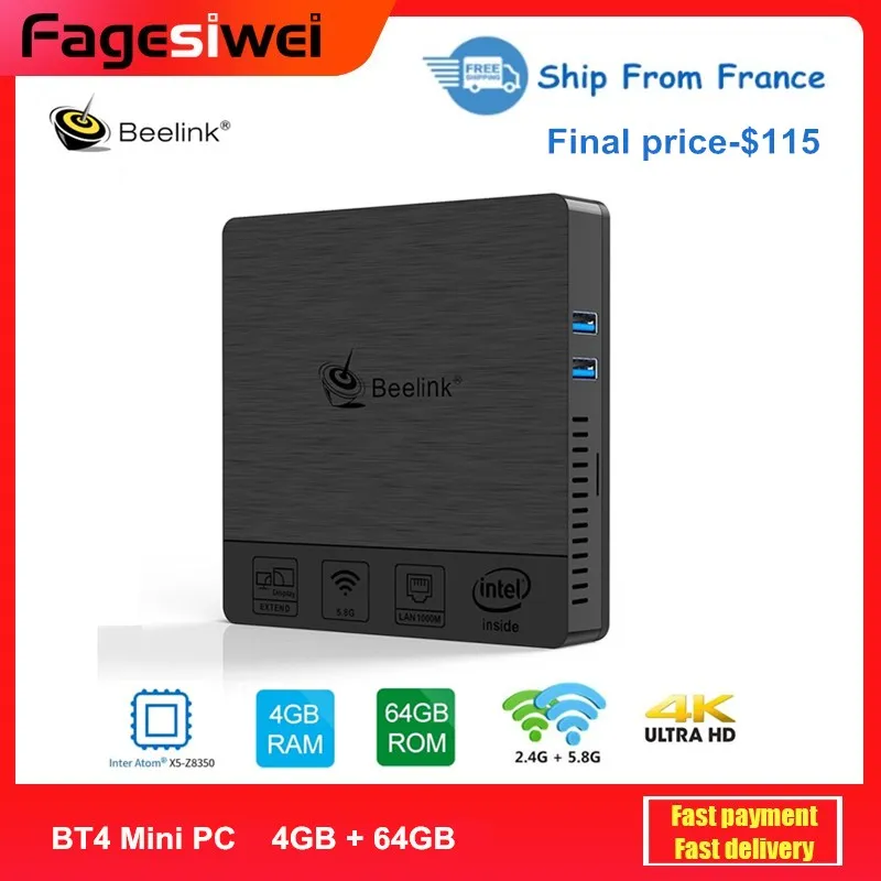 Beelink BT4 настольный мини ПК Intel Atom X5 Z8500 HD Graphics 600 4 ГБ ОЗУ 64 Гб EMMC 2 4G/5 8G WiFi 1000 Мбит/с USB3.0