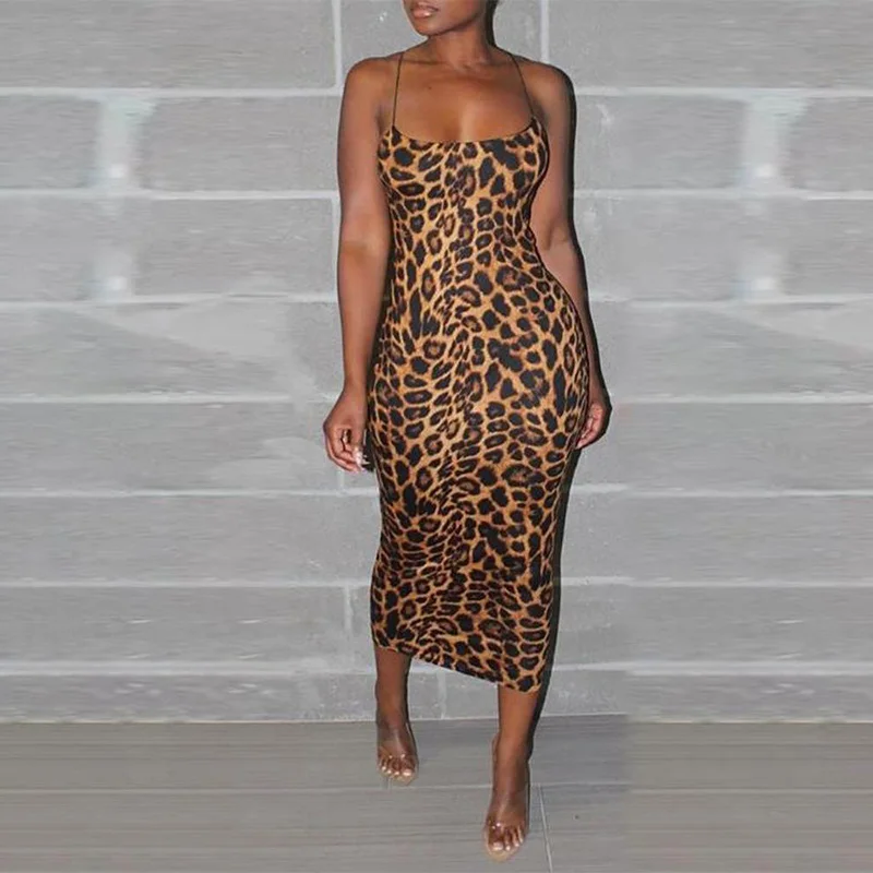 Online Sexy Spaghetti Strap Leopard Print Bodycon Kleid Frauen Mid Kalb Nacht Club Party Kleider