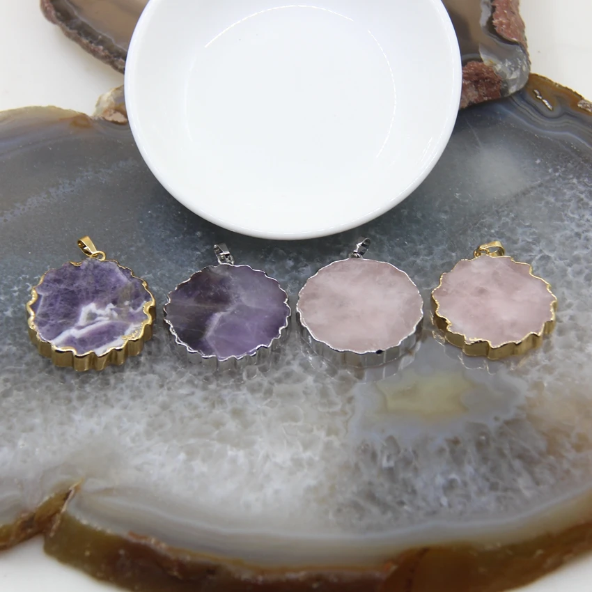 

1pcs Natural Rose Quartzs Flat Round Slab Pendants,Raw Amethysts Crystal Golden/Silvery Edges Necklace DIY Jewelry Accessories