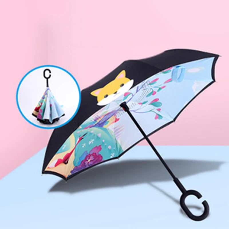 Ветронепроницаемый двухсторонний складной двуслойный перевернутый автомобильный зонтик самостоящий вверх дном женский зонт от дождя c ручкой Прямая