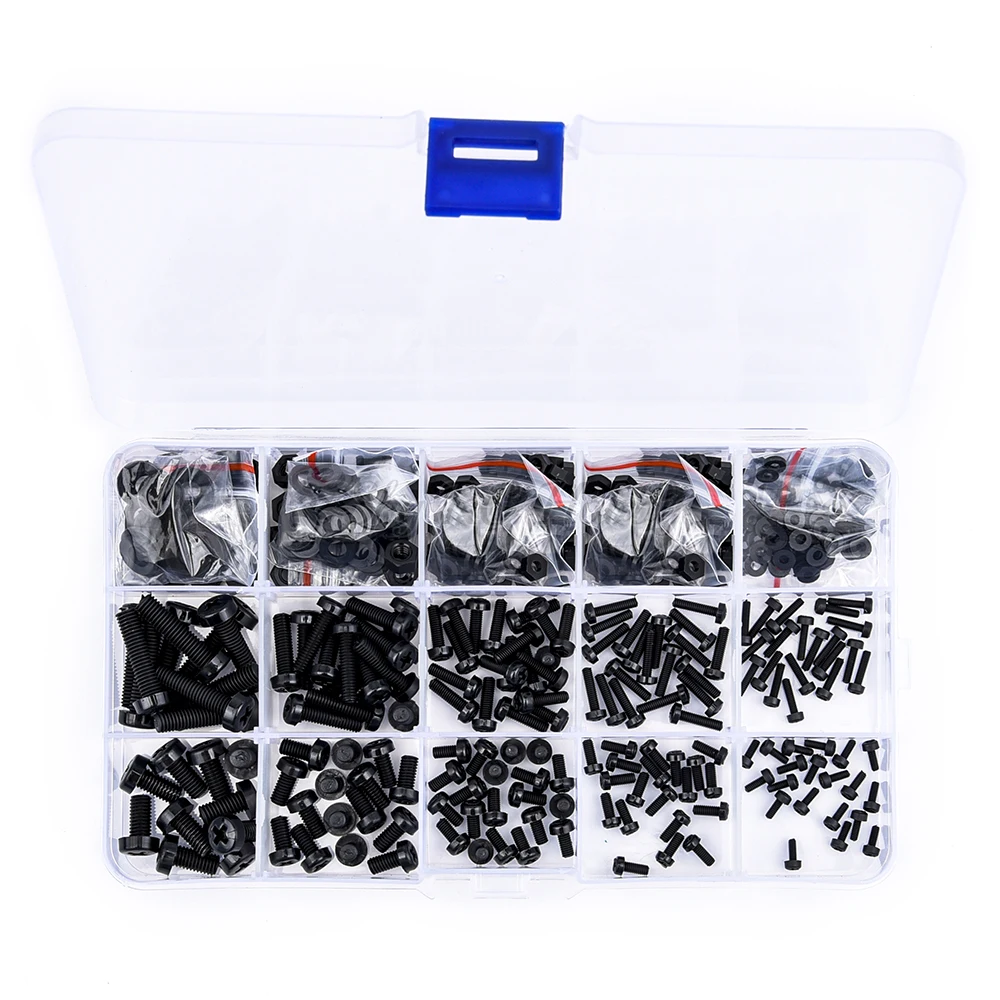 Kit assortimento di 150 viti a testa piatta Hillips in nylon nero P Kit assortimento di 150 viti a testa piatta Hillips in nylon nero P