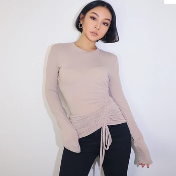 

2019 new fashion women's clothing Joker Solid Color Slim Drawstring Long Sleeve Bottom Shirt Tight Stretch T-Shirt