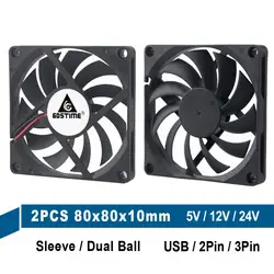 Gdstime ventilador de refrigeración sin escobillas, 80MM, 5V, 12V, 24V, 2 pines, 3 pines, USB, 80x80x10mm, 8cm, 8010, doble bola, caja de ventilador para CPU, 2 uds.
