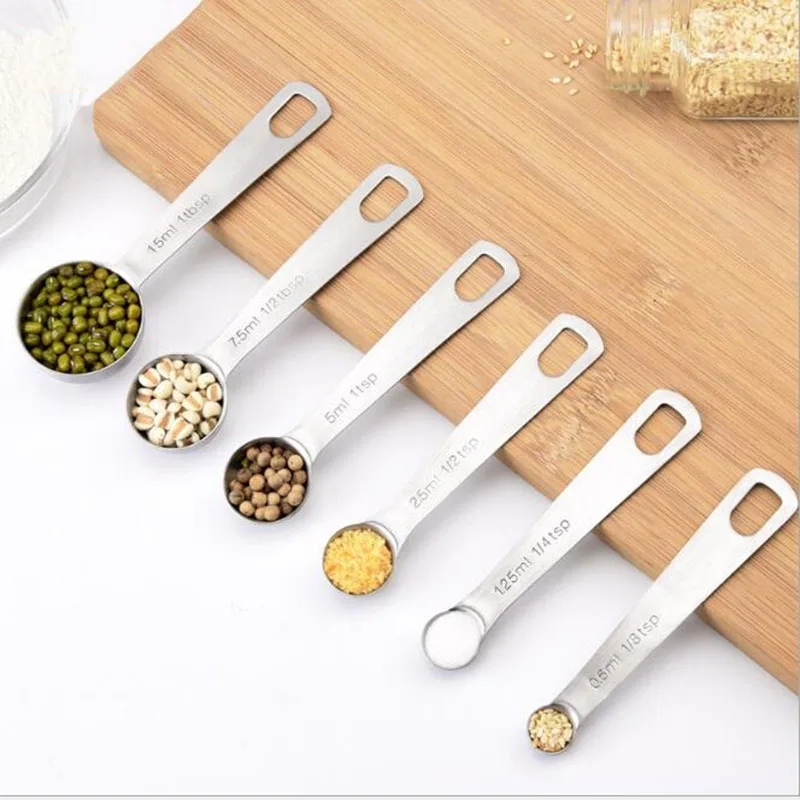 6 Pcs /set Measuring Spoon With Scale Stainless Steel Coffee Tea Measuring Bakery Tool For Liquid Spice Powder Kitchen Gadget