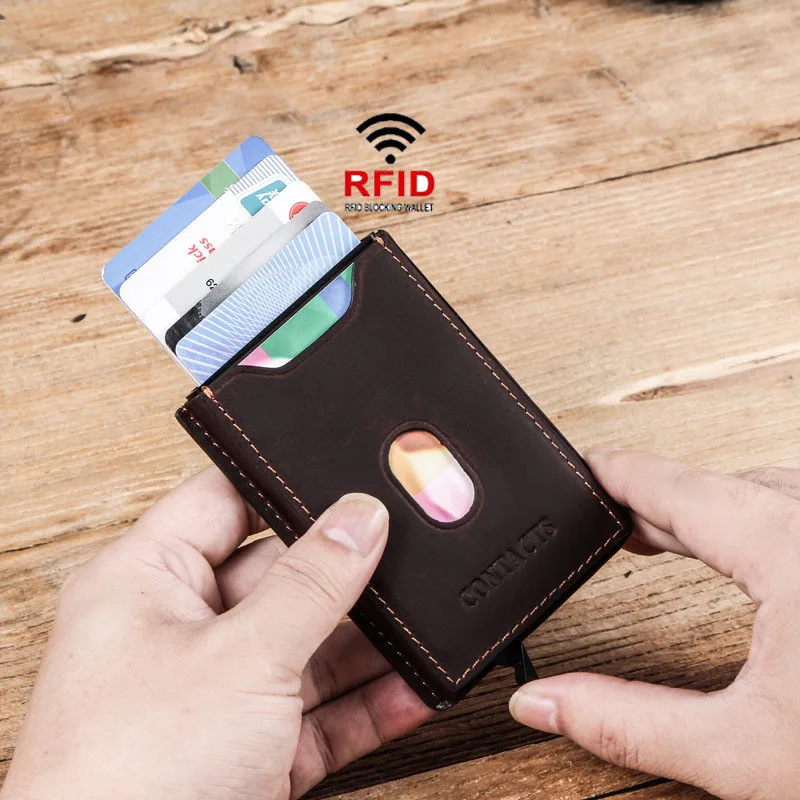 R42 тонкая визитница корпус RFID pasjeshouder Crazy Horse кожа RFID кредитница carteira бизнес автоматический всплывающий