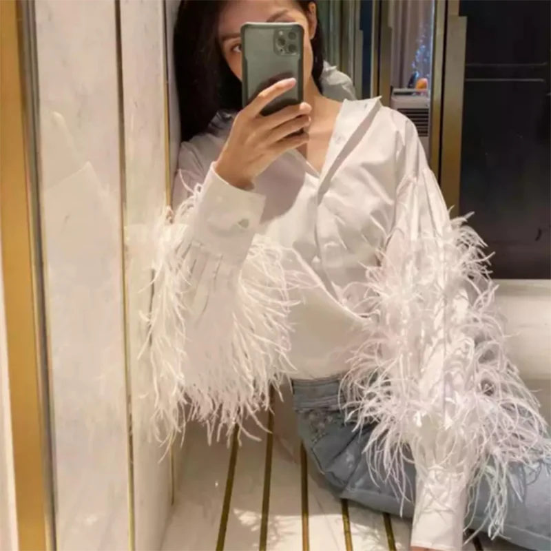 Twotwinstyle Casual Patchwork Feather Blouse For Women Lapel Lantern Sleeve  White Solid Shirt Female Fashion New Clothing 2021 - Women Shirt -  AliExpress