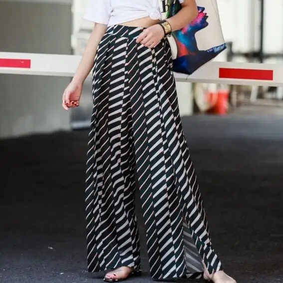 Полосатые Широкие штаны для женщин высокая талия раздельные шифоновые брюки