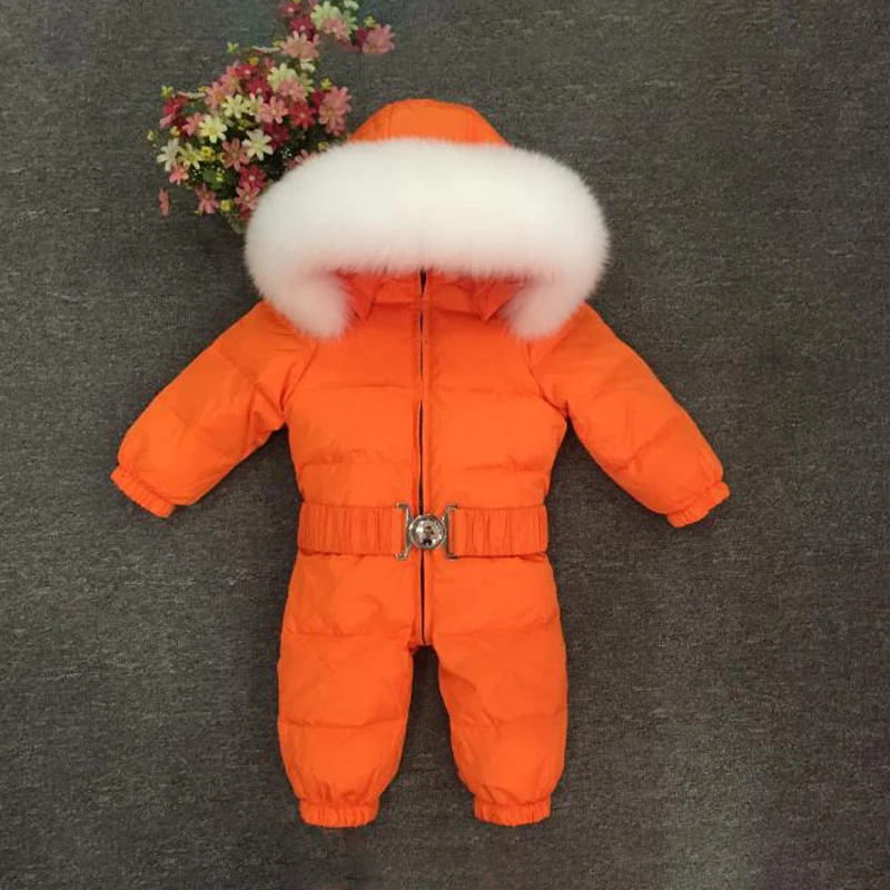 White Fox Orange Теплые Комбинезоны для детей; меховая толстовка с капюшоном; пуховые комбинезоны для мальчиков; зимние детские комбинезоны для девочек; комбинезон унисекс с длинными рукавами; детский зимний комбинезон - Цвет: White Fox Orange