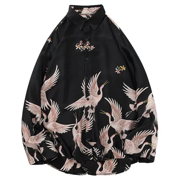 

Dating Soft Button Chiffon Turndown Collar Casual Spring Loose Crane Printing Summer Long Sleeve Travel Fashion Men Shirt
