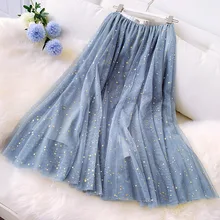 Star Sequin Spring Summer 3 Layers Midi Mesh Skirt Women Elastic Empire Pleated Skirt Chic Long Tulle Ins Tutu Skirt Femme