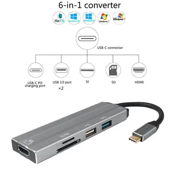 

6 In 1 4K HD USB-C HUB Video Audio Cable Adapte Type C to HDMI usb 3.0/usb 2.0 with SD/TF Card Reader Type C USB Hubs