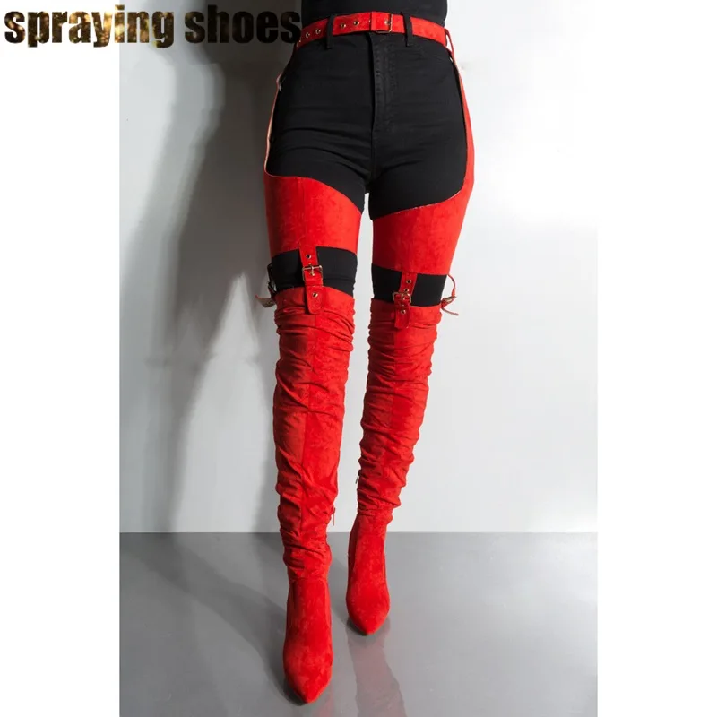 Wild Sexy Belted Thigh High Boots Women Chunky Heels Pointy Toe Winter Boots Red Fashion Ladies Shoes Chap Boots Woman