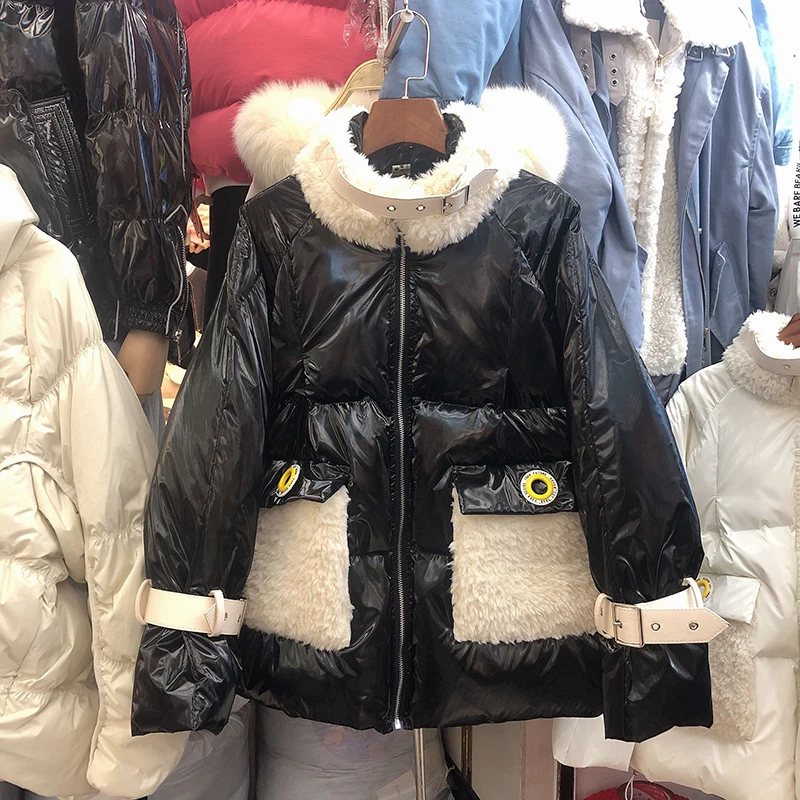 Женская зимняя куртка из овечьей шерсти, блестящая свободная пуховая парка для женщин, теплые хлопковые куртки, водонепроницаемое пальто, женский пуховик - Цвет: Черный
